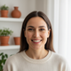 A smiling woman in her late 30s, with a warm and approachable expression, in a softly blurred home setting.